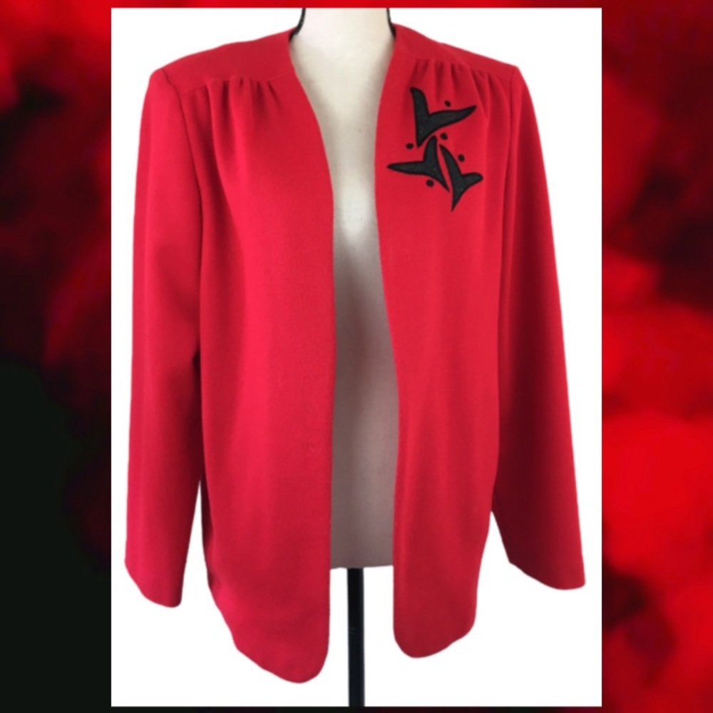 Vintage 70s Lady Graff Red Felt Blazer Jacket Appliqué Black Design L